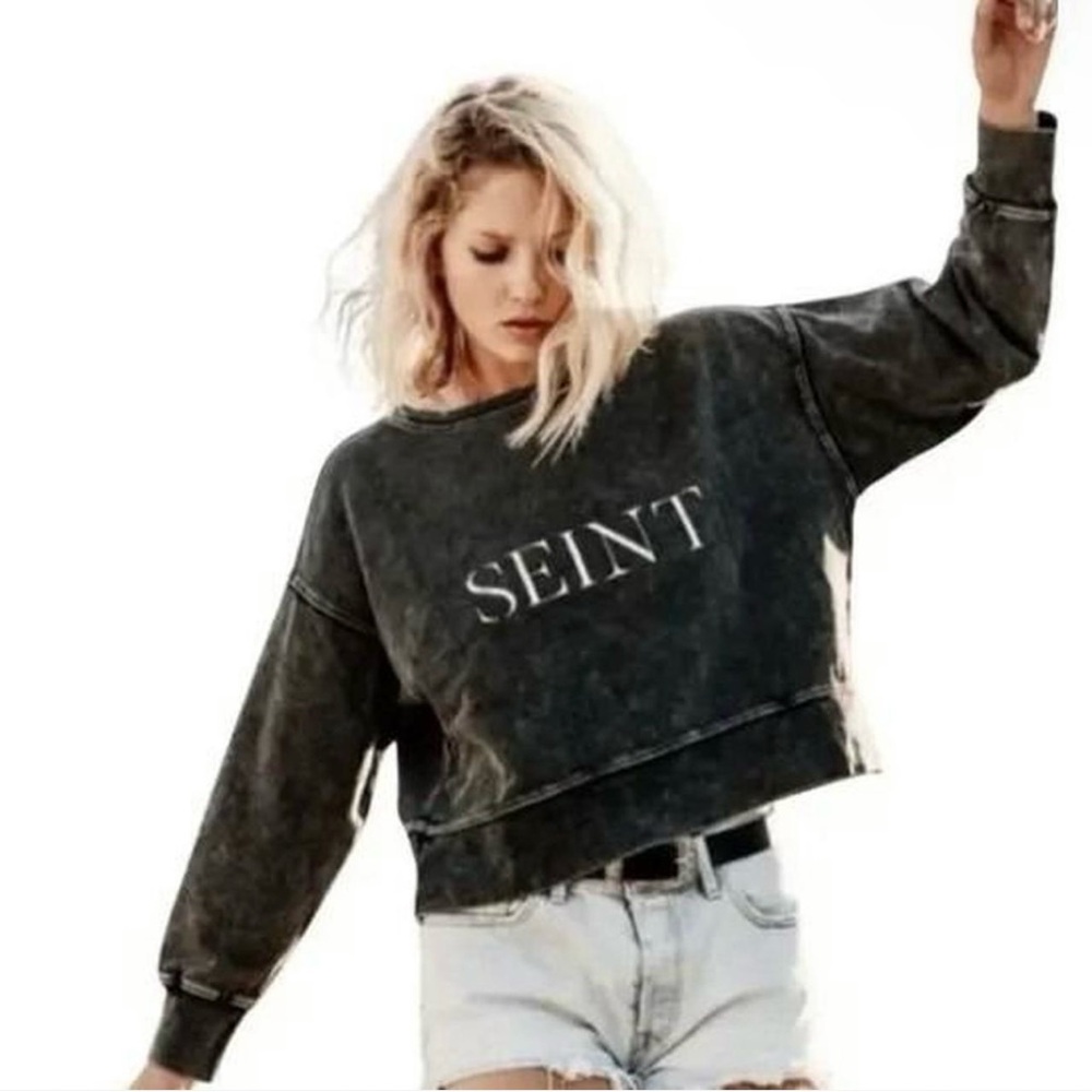 NEW SEINT  Washed Black Cropped Sweatshirt Jacket